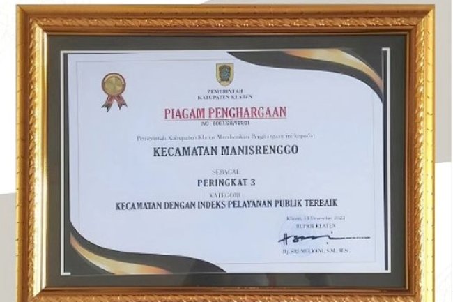 Penghargaan untuk Kecamatan Manisrenggo dalam Pelayanan Publik