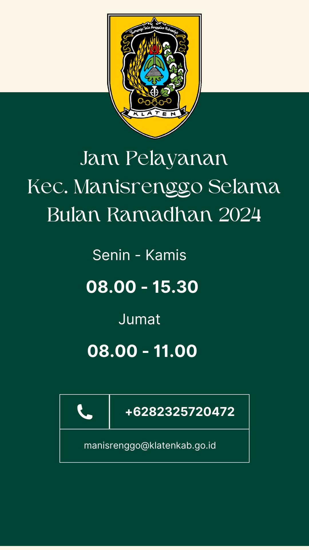 Jam Kerja Pelayanan Publik di Kecamatan Manisrenggo Selama  Bulan Ramadhan 1445 H / 2024 M