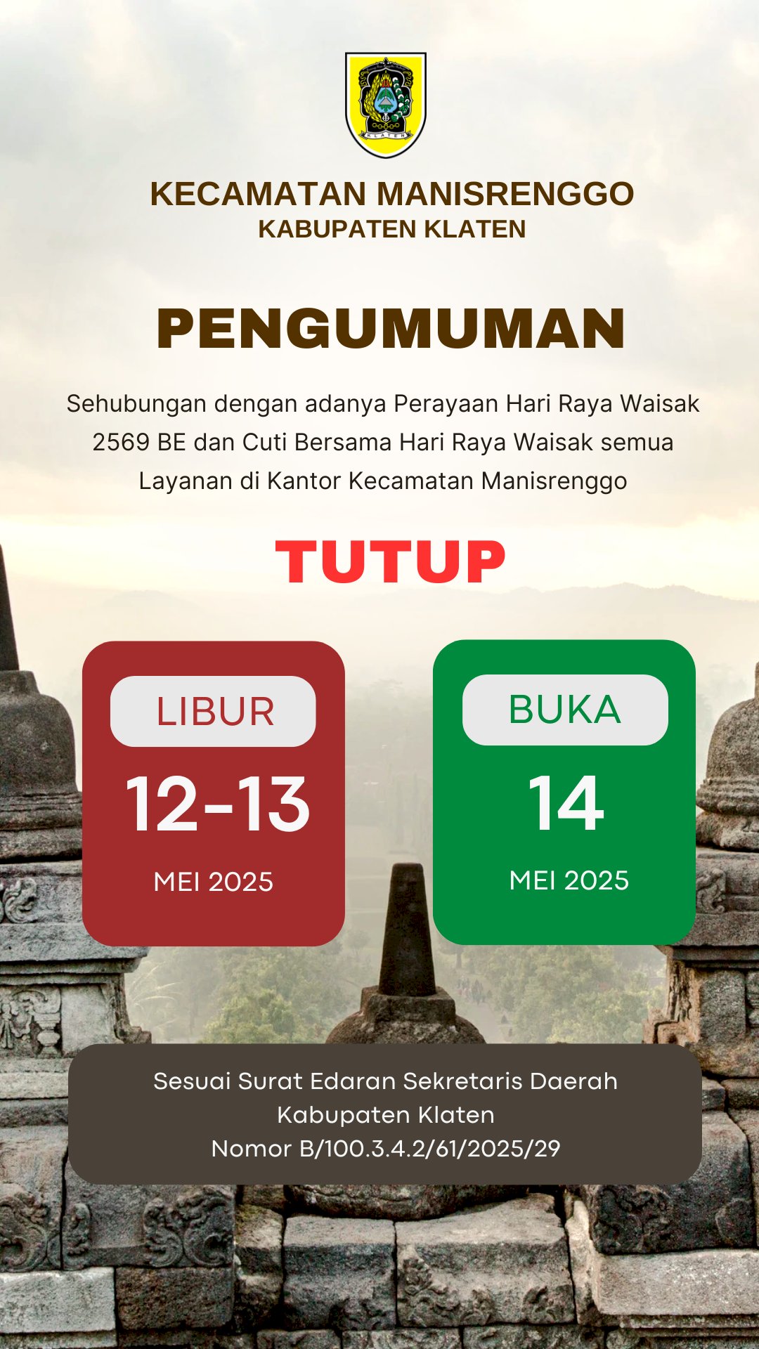 Pengumuman Libur Hari Raya Waisak 2569 BE dan Cuti bersama Hari Raya Waisak Kecamatan Manisrenggo