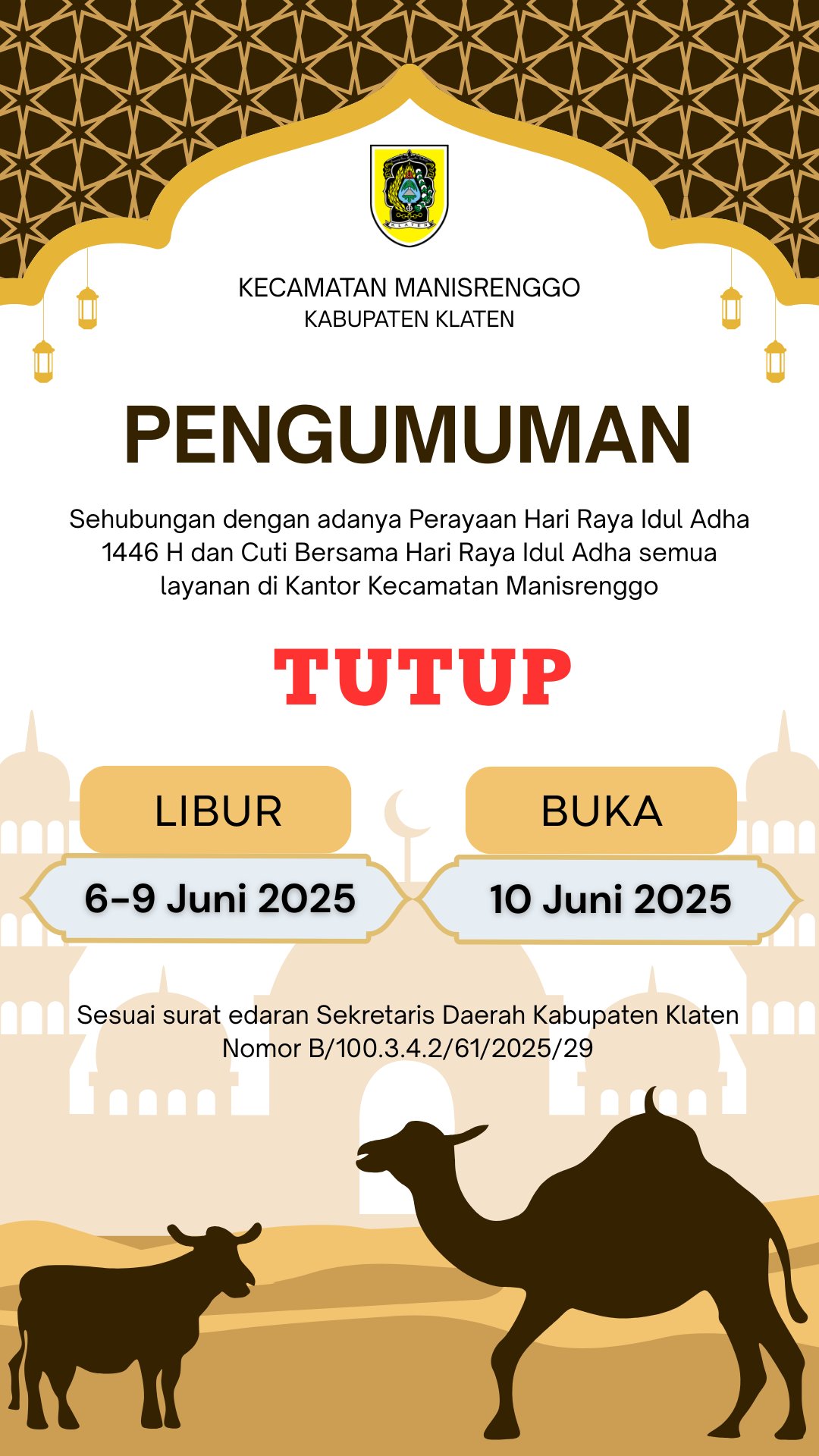 Pengumuman Libur Hari Raya Idul Adha 1446 H dan Cuti bersama Idul Adha Kecamatan Manisrenggo