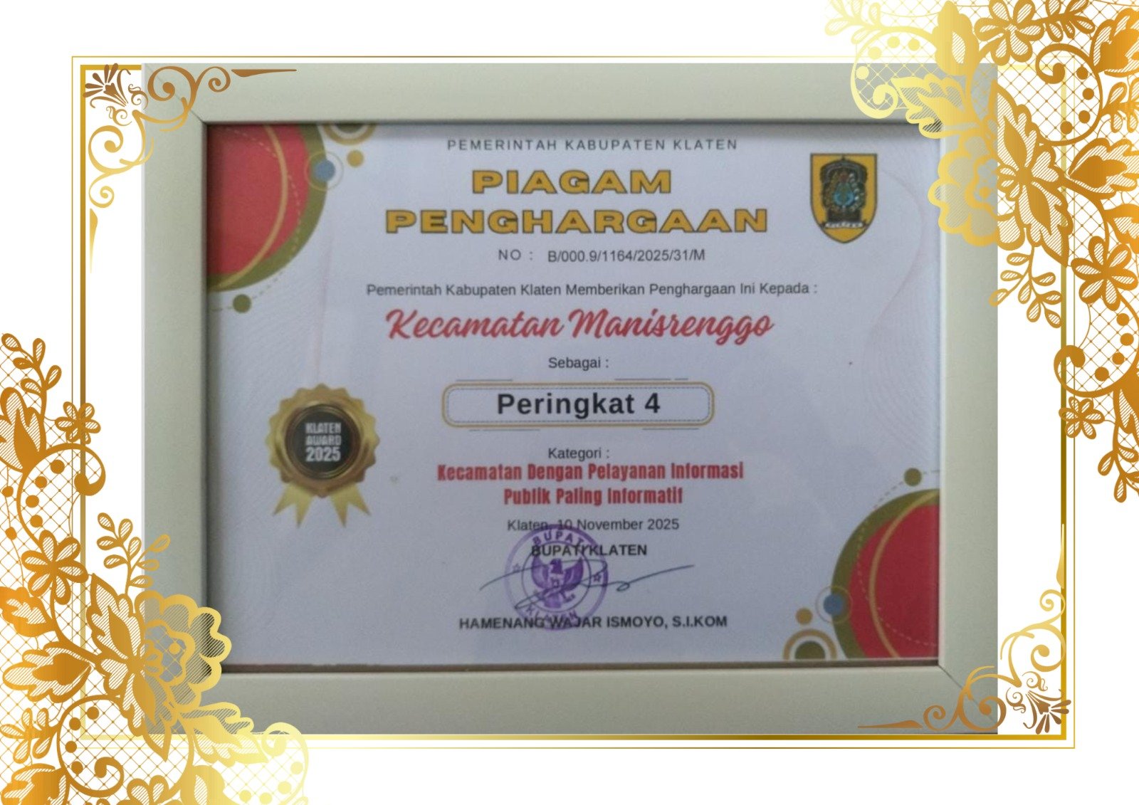 Penghargaan Klaten Award Tahun 2025 Kecamatan Manisrenggo