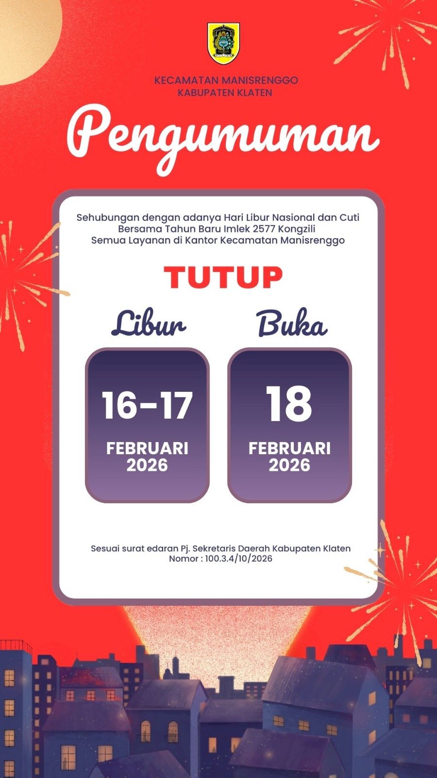 Pengumuman Hari Libur Nasional Tahun 2026 dan Cuti bersama Tahun Baru Imlek 2577 Kongzili Kecamatan Manisrenggo