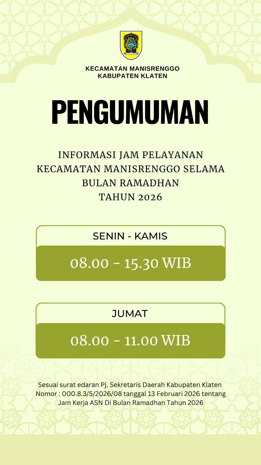 Informasi jam pelayanan Kantor Kecamatan Manisrenggo selama bulan Ramadhan Tahun 2026