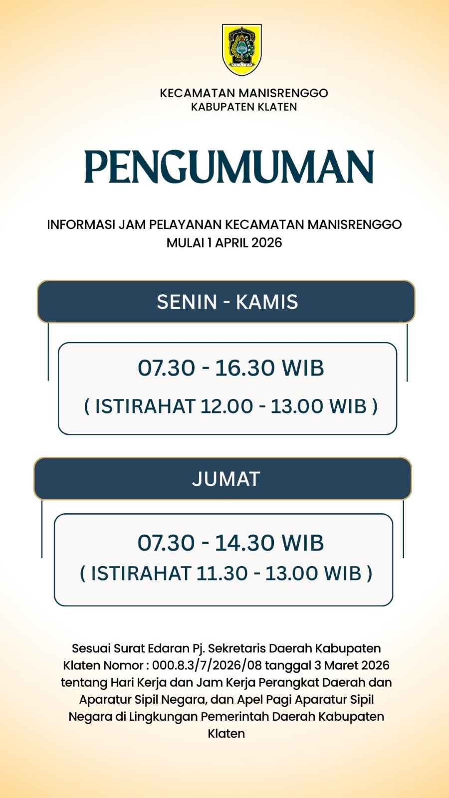 Update Informasi Jam Pelayanan Kecamatan Manisrenggo Mulai 1 April 2026
