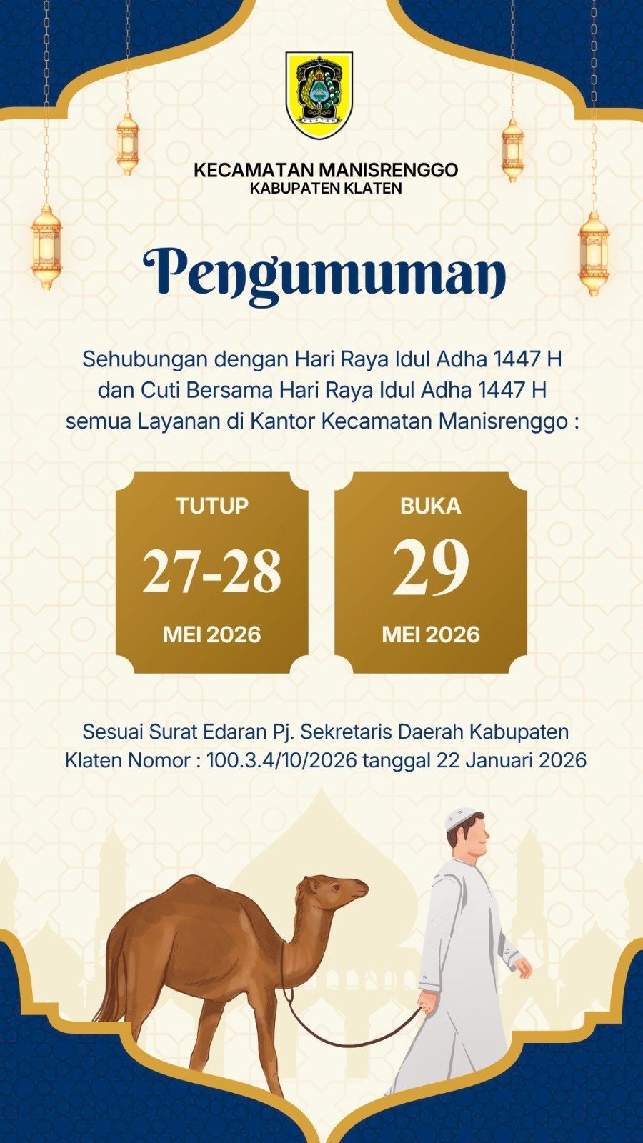 Pengumuman Layanan Kantor Kecamatan Manisrenggo Sehubungan Hari Raya Idul Adha dan Cuti Bersama Hari Raya Idul Adha 1447 H