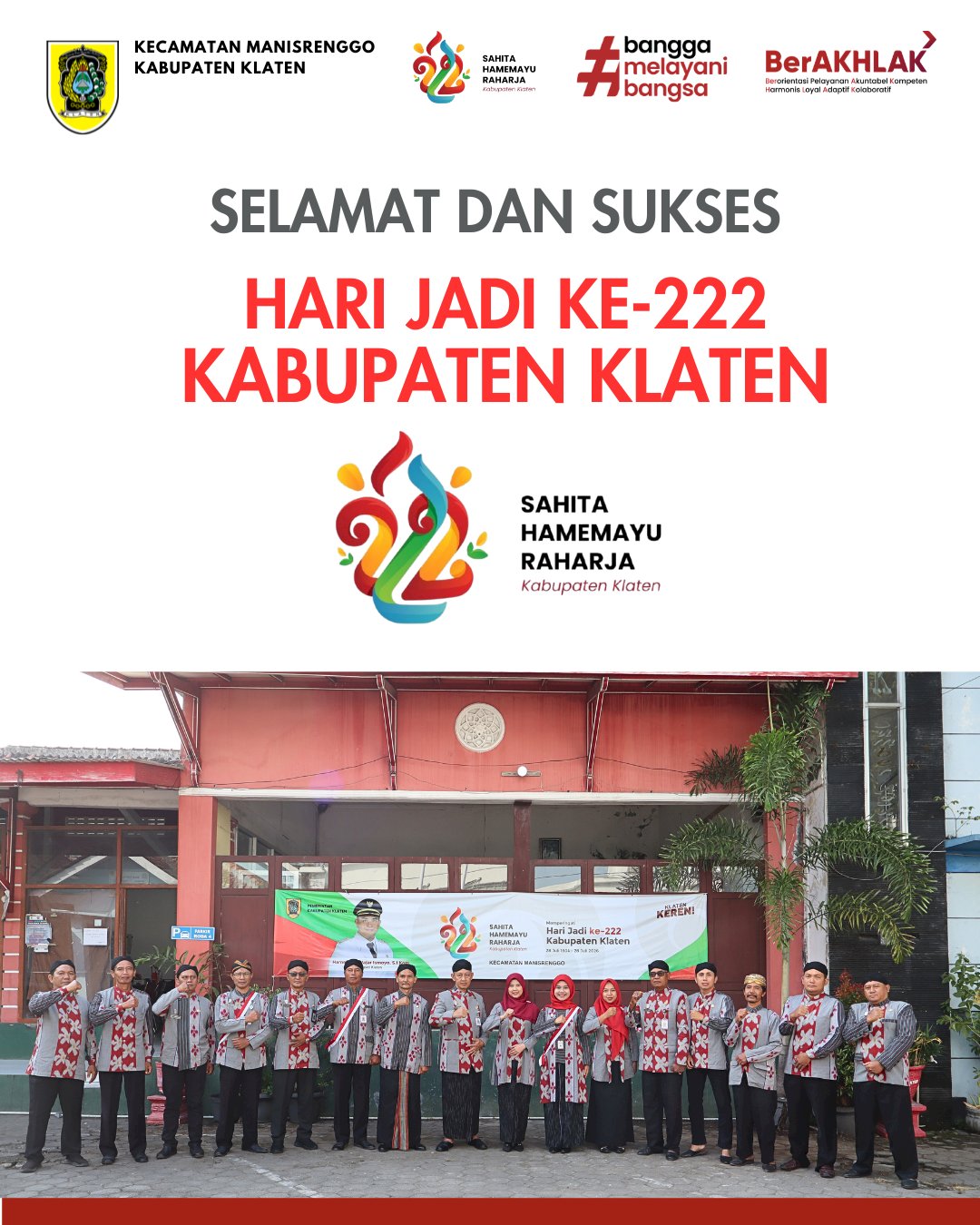 Pemerintah Kecamatan Manisrenggo mengucapkan Selamat Hari Jadi Kabupaten Klaten ke-222